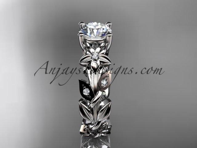 14k white gold diamond floral leaf and vine wedding ring, engagement ring with a "Forever One" Moissanite center stone ADLR215 - AnjaysDesigns