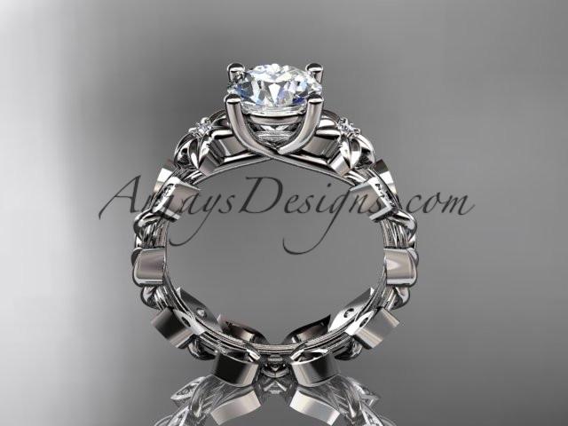 14k white gold diamond floral leaf and vine wedding ring, engagement ring with a "Forever One" Moissanite center stone ADLR215 - AnjaysDesigns