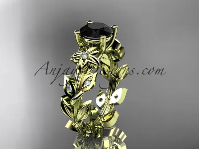 14k yellow gold diamond floral leaf and vine wedding ring, engagement ring with a Black Diamond center stone ADLR215 - AnjaysDesigns