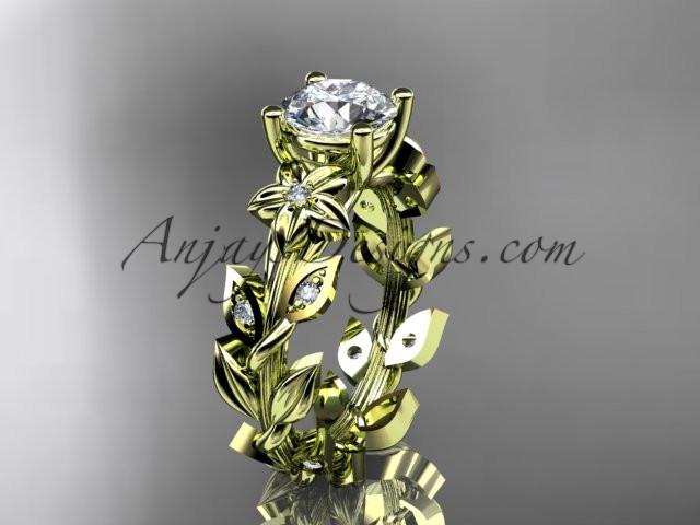 14k yellow gold diamond floral leaf and vine wedding ring, engagement ring with a "Forever One" Moissanite center stone ADLR215 - AnjaysDesigns