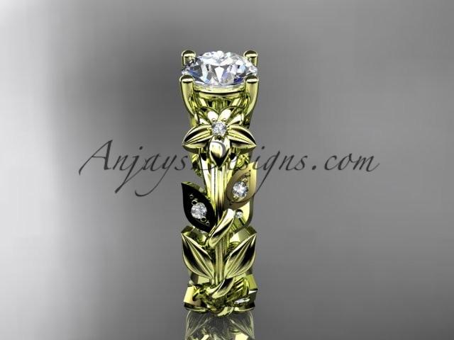 14k yellow gold diamond floral leaf and vine wedding ring, engagement ring with a "Forever One" Moissanite center stone ADLR215 - AnjaysDesigns