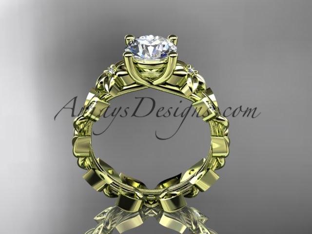 14k yellow gold diamond floral leaf and vine wedding ring, engagement ring with a "Forever One" Moissanite center stone ADLR215 - AnjaysDesigns