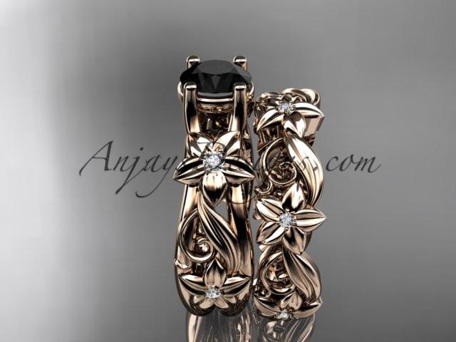 14k rose gold diamond floral wedding set, engagement set with a Black Diamond center stone ADLR216S - AnjaysDesigns, Black Diamond Engagement Sets - Jewelry, Anjays Designs - AnjaysDesigns, AnjaysDesigns - AnjaysDesigns.co, 