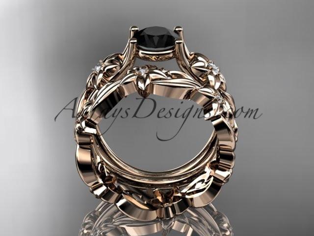 14k rose gold diamond floral wedding set, engagement set with a Black Diamond center stone ADLR216S - AnjaysDesigns, Black Diamond Engagement Sets - Jewelry, Anjays Designs - AnjaysDesigns, AnjaysDesigns - AnjaysDesigns.co, 