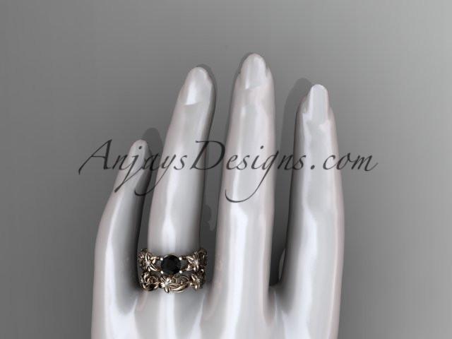 14k rose gold diamond floral wedding set, engagement set with a Black Diamond center stone ADLR216S - AnjaysDesigns, Black Diamond Engagement Sets - Jewelry, Anjays Designs - AnjaysDesigns, AnjaysDesigns - AnjaysDesigns.co, 