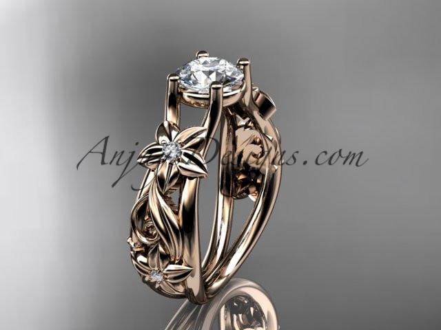 14kt rose gold diamond floral wedding ring, engagement ring with a "Forever One" Moissanite center stone ADLR216 - AnjaysDesigns