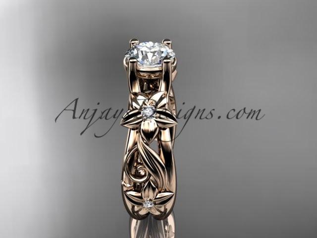14kt rose gold diamond floral wedding ring, engagement ring with a "Forever One" Moissanite center stone ADLR216 - AnjaysDesigns
