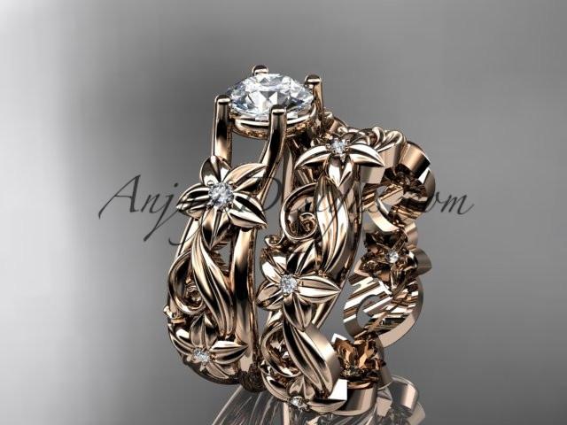 14k rose gold diamond floral wedding set, engagement set with a "Forever One" Moissanite center stone ADLR216S - AnjaysDesigns, Moissanite Engagement Sets - Jewelry, Anjays Designs - AnjaysDesigns, AnjaysDesigns - AnjaysDesigns.co, 