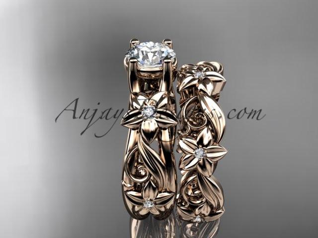 14k rose gold diamond floral wedding set, engagement set with a "Forever One" Moissanite center stone ADLR216S - AnjaysDesigns, Moissanite Engagement Sets - Jewelry, Anjays Designs - AnjaysDesigns, AnjaysDesigns - AnjaysDesigns.co, 