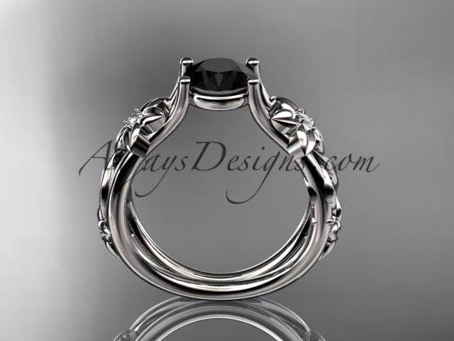 platinum diamond floral wedding ring, engagement ring with a Black Diamond center stone ADLR216 - AnjaysDesigns