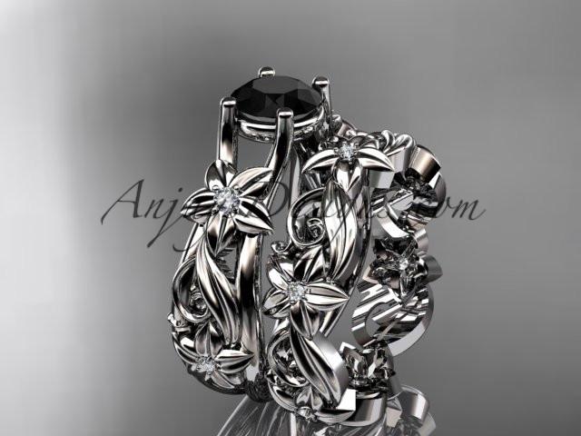 platinum diamond floral wedding set, engagement set with a Black Diamond center stone ADLR216S - AnjaysDesigns