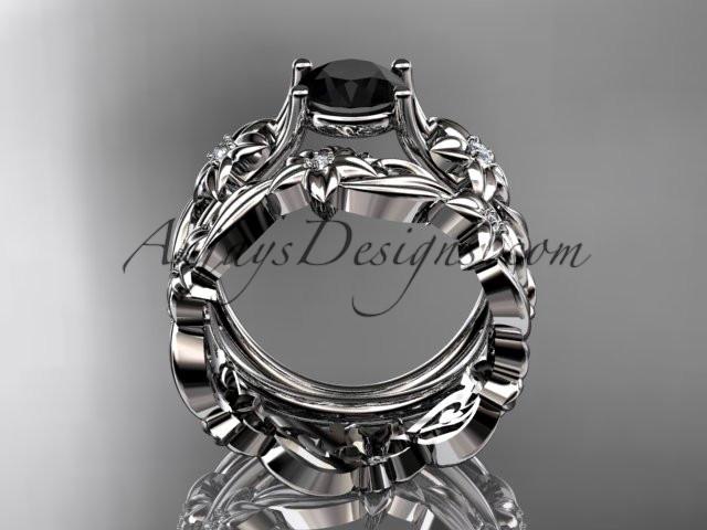 platinum diamond floral wedding set, engagement set with a Black Diamond center stone ADLR216S - AnjaysDesigns