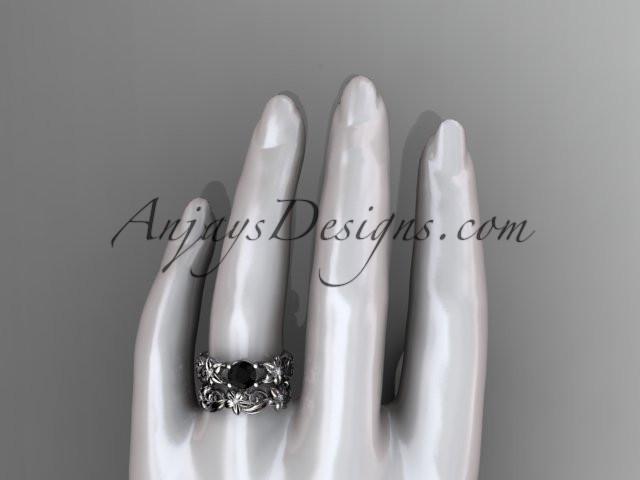 14k white gold diamond floral wedding set, engagement set with a Black Diamond center stone ADLR216S - AnjaysDesigns