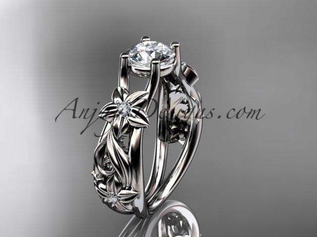 Platinum diamond floral wedding ring, engagement ring with a "Forever One" Moissanite center stone ADLR216 - AnjaysDesigns