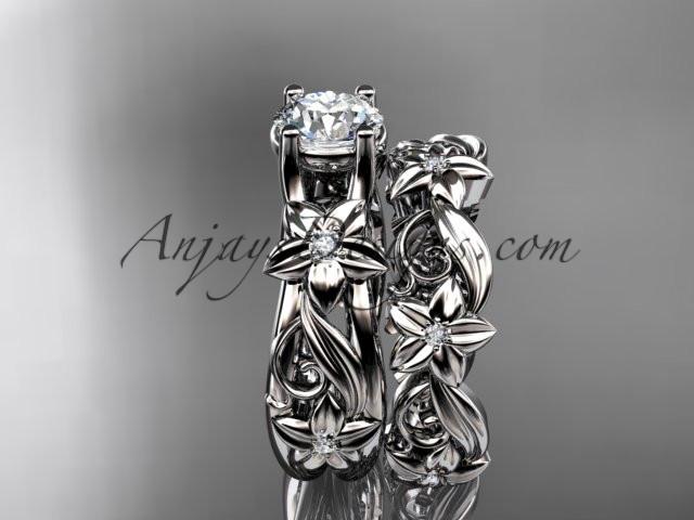Platinum diamond floral wedding set, engagement set with a "Forever One" Moissanite center stone ADLR216S - AnjaysDesigns