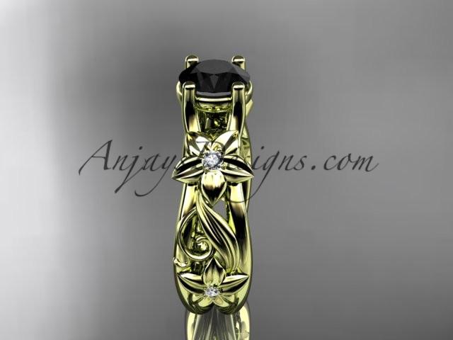 14kt yellow gold diamond floral wedding ring, engagement ring with a Black Diamond center stone ADLR216 - AnjaysDesigns