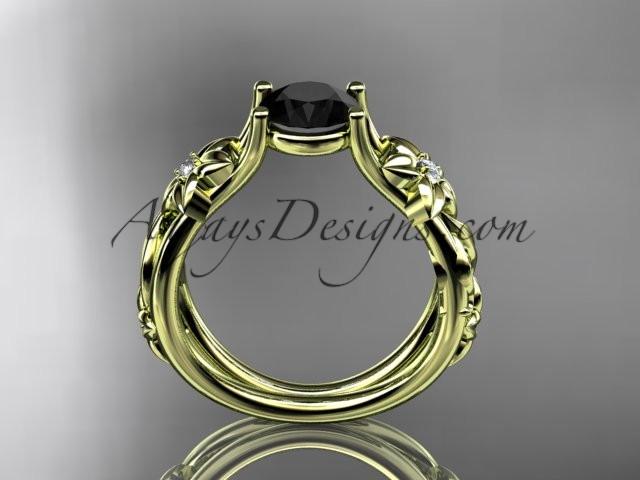14kt yellow gold diamond floral wedding ring, engagement ring with a Black Diamond center stone ADLR216 - AnjaysDesigns