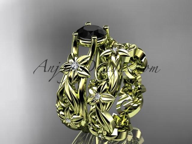 14k yellow gold diamond floral wedding set, engagement set with a Black Diamond center stone ADLR216S - AnjaysDesigns