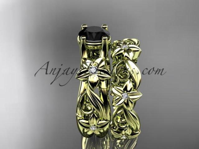 14k yellow gold diamond floral wedding set, engagement set with a Black Diamond center stone ADLR216S - AnjaysDesigns
