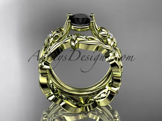 14k yellow gold diamond floral wedding set, engagement set with a Black Diamond center stone ADLR216S - AnjaysDesigns