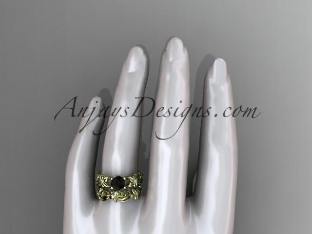 14k yellow gold diamond floral wedding set, engagement set with a Black Diamond center stone ADLR216S - AnjaysDesigns