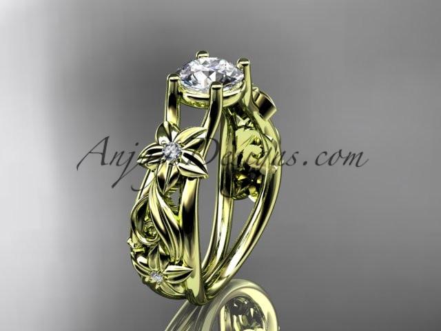 14kt yellow gold diamond floral wedding ring, engagement ring with a "Forever One" Moissanite center stone ADLR216 - AnjaysDesigns