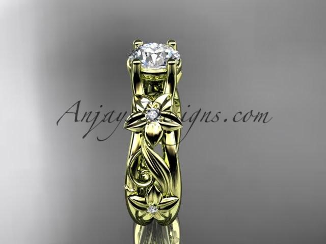 14kt yellow gold diamond floral wedding ring, engagement ring with a "Forever One" Moissanite center stone ADLR216 - AnjaysDesigns