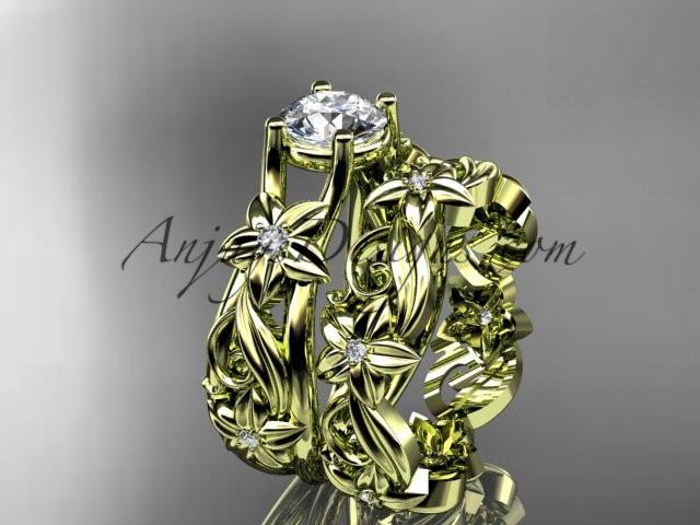 14k yellow gold diamond floral wedding set, engagement set with a "Forever One" Moissanite center stone ADLR216S - AnjaysDesigns