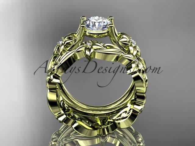 14k yellow gold diamond floral wedding set, engagement set with a "Forever One" Moissanite center stone ADLR216S - AnjaysDesigns