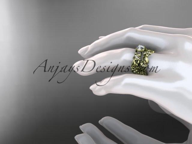 14k yellow gold diamond floral wedding set, engagement set with a "Forever One" Moissanite center stone ADLR216S - AnjaysDesigns