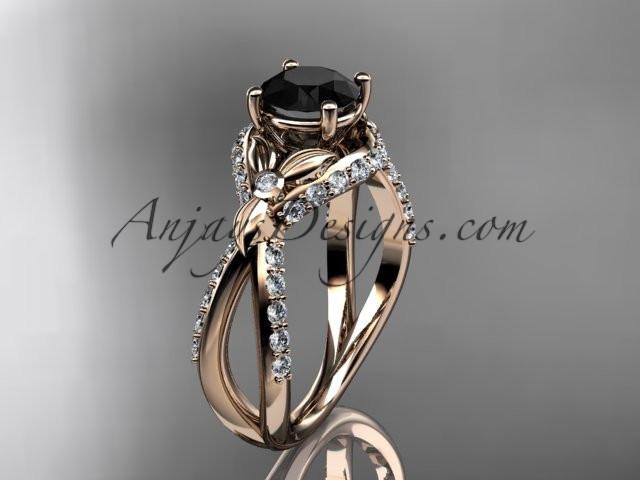 Unique 14kt rose gold diamond flower, leaf and vine wedding ring, engagement ring with a Black Diamond center stone ADLR218 - AnjaysDesigns
