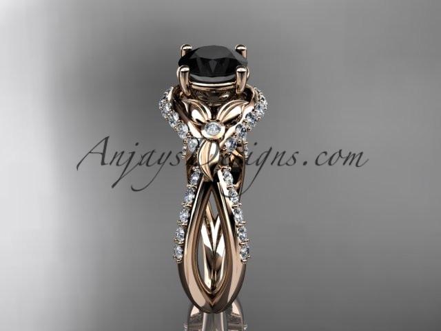 Unique 14kt rose gold diamond flower, leaf and vine wedding ring, engagement ring with a Black Diamond center stone ADLR218 - AnjaysDesigns