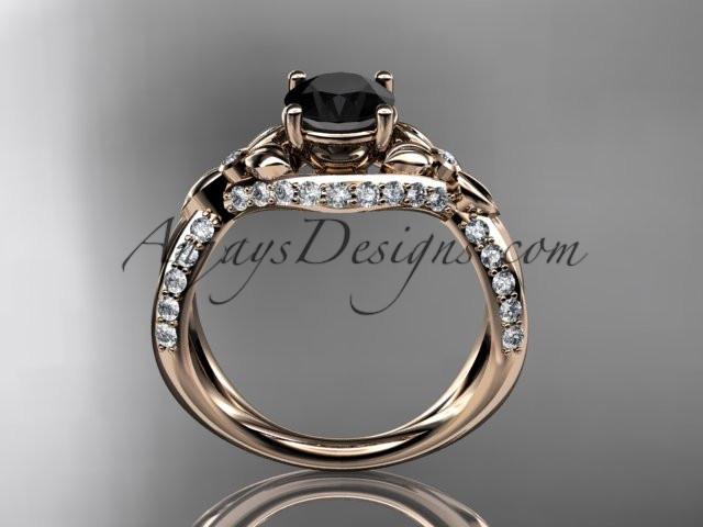 Unique 14kt rose gold diamond flower, leaf and vine wedding ring, engagement ring with a Black Diamond center stone ADLR218 - AnjaysDesigns