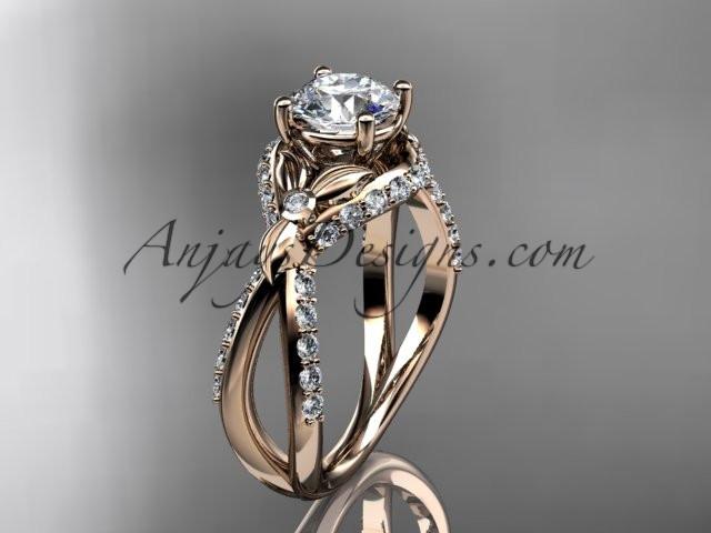 Unique 14kt rose gold diamond flower, leaf and vine wedding ring, engagement ring with a "Forever One" Moissanite center stone ADLR218 - AnjaysDesigns