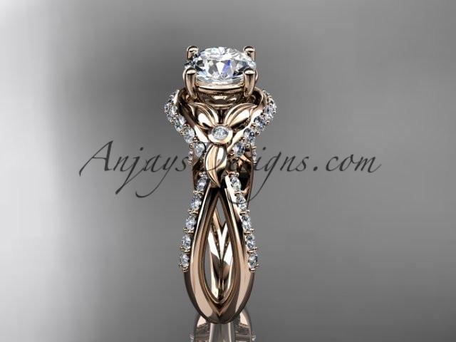 Unique 14kt rose gold diamond flower, leaf and vine wedding ring, engagement ring with a "Forever One" Moissanite center stone ADLR218 - AnjaysDesigns