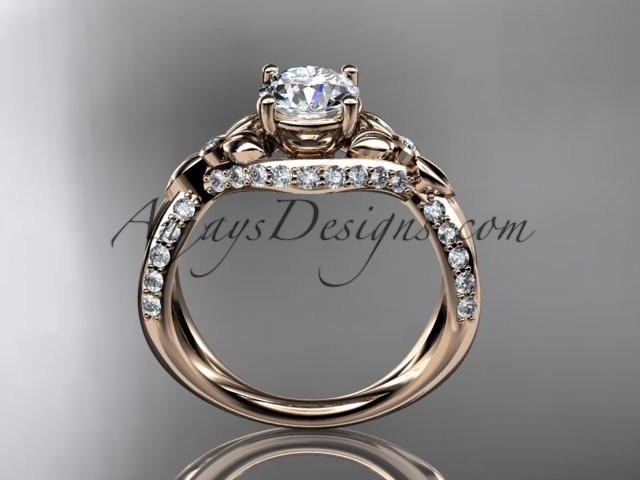 Unique 14kt rose gold diamond flower, leaf and vine wedding ring, engagement ring with a "Forever One" Moissanite center stone ADLR218 - AnjaysDesigns