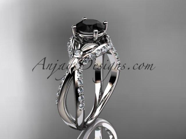 Unique platinum diamond flower, leaf and vine wedding ring, engagement ring with a Black Diamond center stone ADLR218 - AnjaysDesigns