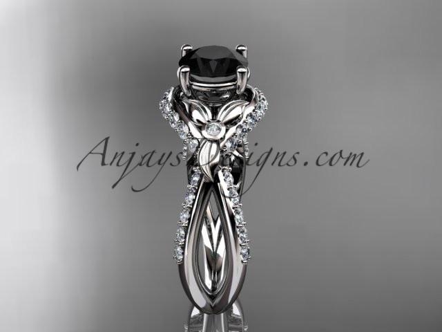 Unique 14kt white gold diamond flower, leaf and vine wedding ring, engagement ring with a Black Diamond center stone ADLR218 - AnjaysDesigns