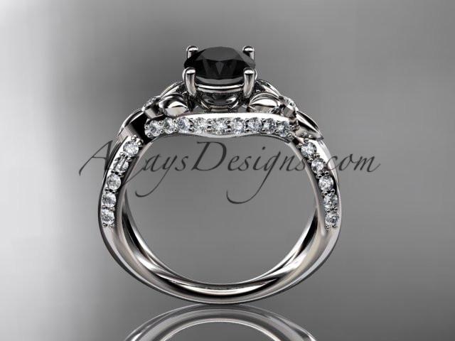 Unique 14kt white gold diamond flower, leaf and vine wedding ring, engagement ring with a Black Diamond center stone ADLR218 - AnjaysDesigns