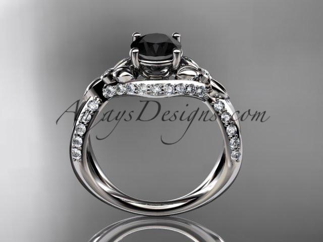 Unique platinum diamond flower, leaf and vine wedding ring, engagement ring with a Black Diamond center stone ADLR218 - AnjaysDesigns