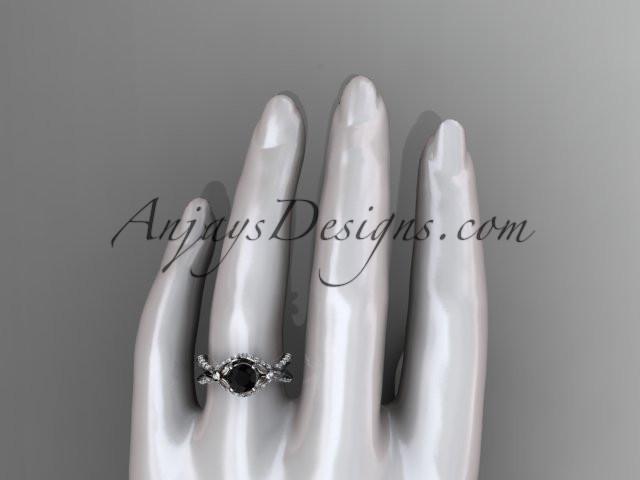 Unique 14kt white gold diamond flower, leaf and vine wedding ring, engagement ring with a Black Diamond center stone ADLR218 - AnjaysDesigns