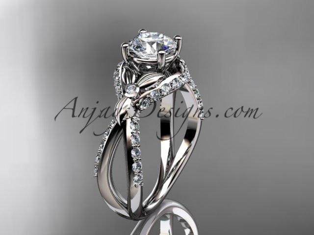 Unique 14kt white gold diamond flower, leaf and vine wedding ring, engagement ring with a "Forever One" Moissanite center stone ADLR218 - AnjaysDesigns