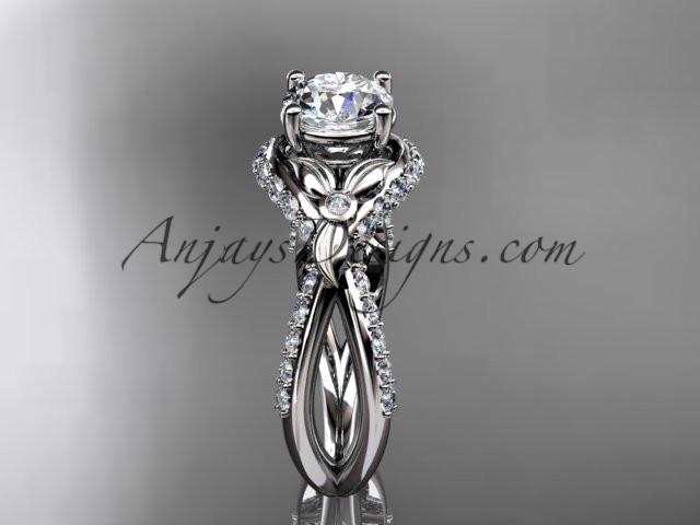 Unique 14kt white gold diamond flower, leaf and vine wedding ring, engagement ring with a "Forever One" Moissanite center stone ADLR218 - AnjaysDesigns