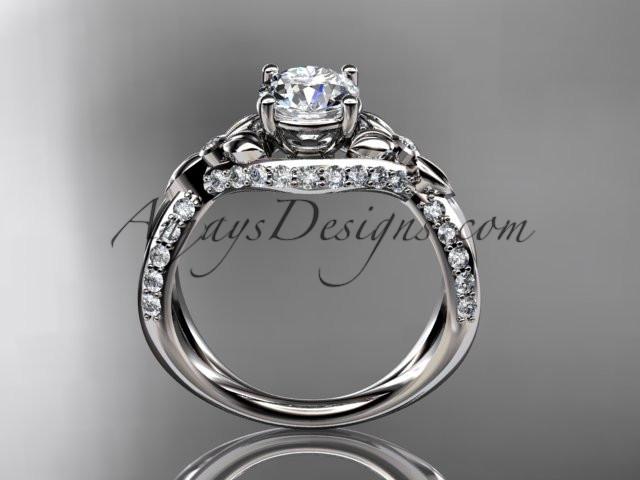 Unique 14kt white gold diamond flower, leaf and vine wedding ring, engagement ring with a "Forever One" Moissanite center stone ADLR218 - AnjaysDesigns