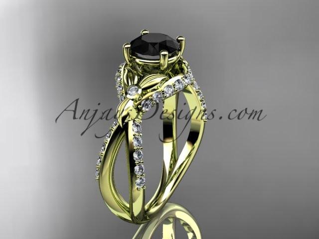 Unique 14kt yellow gold diamond flower, leaf and vine wedding ring, engagement ring with a Black Diamond center stone ADLR218 - AnjaysDesigns