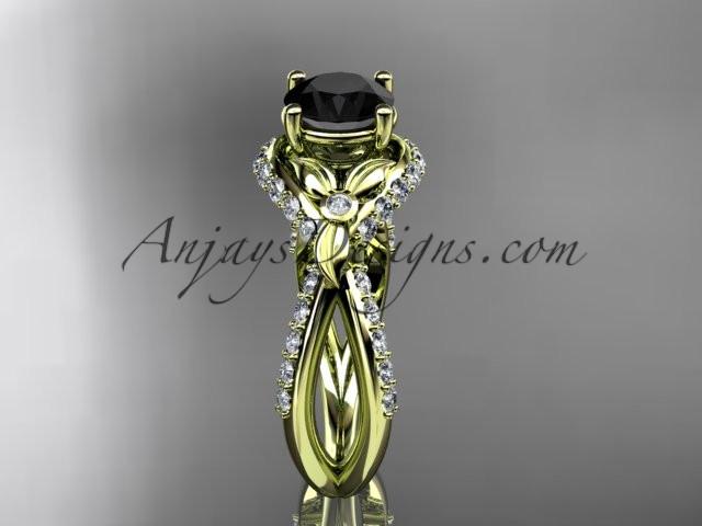 Unique 14kt yellow gold diamond flower, leaf and vine wedding ring, engagement ring with a Black Diamond center stone ADLR218 - AnjaysDesigns