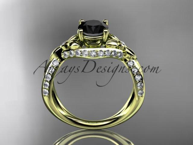 Unique 14kt yellow gold diamond flower, leaf and vine wedding ring, engagement ring with a Black Diamond center stone ADLR218 - AnjaysDesigns