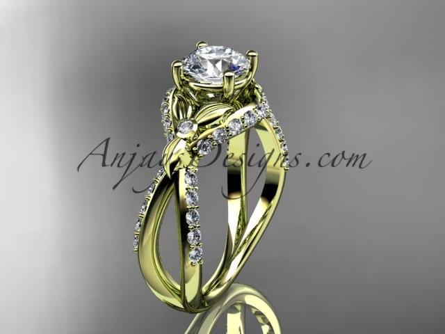 Unique 14kt yellow gold diamond flower, leaf and vine wedding ring, engagement ring with a "Forever One" Moissanite center stone ADLR218 - AnjaysDesigns