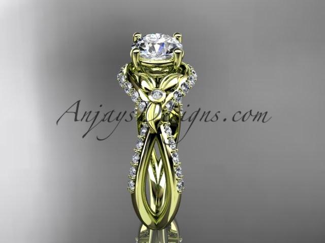 Unique 14kt yellow gold diamond flower, leaf and vine wedding ring, engagement ring with a "Forever One" Moissanite center stone ADLR218 - AnjaysDesigns