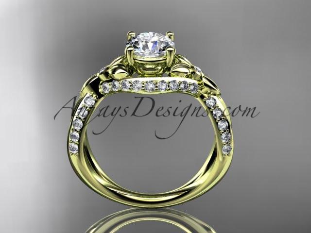 Unique 14kt yellow gold diamond flower, leaf and vine wedding ring, engagement ring with a "Forever One" Moissanite center stone ADLR218 - AnjaysDesigns